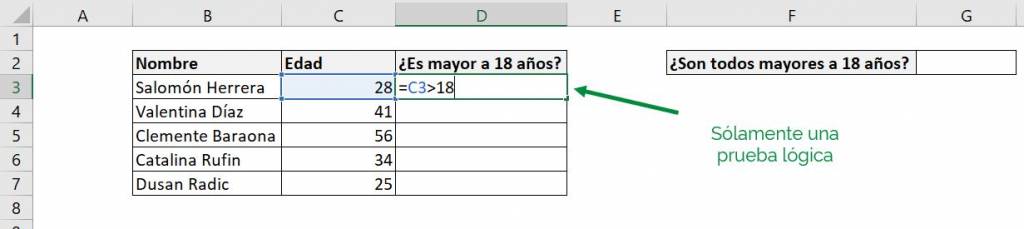 Excel función SI Y combinar 2 condiciones explicación ejemplo edad 