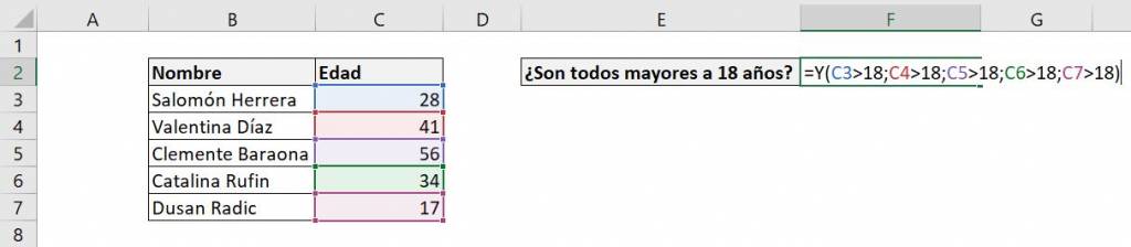 Excel función SI Y combinar 2 condiciones explicación ejemplo edad valores lógicos resumido