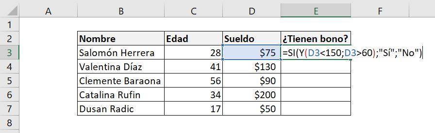 Excel función SI Y combinar 2 condiciones ejemplo misma celda