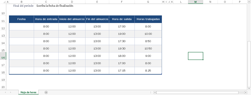 Haz una planilla simple como la que ves aquí, para calcular las horas extras en excel 