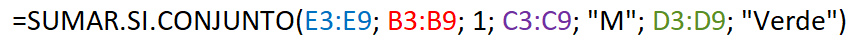 Fórmula de la función SUMAR.SI.CONJUNTO de Excel de un ejemplo simple, muestra el rango_suma y los criterios utilizados junto con sus rango