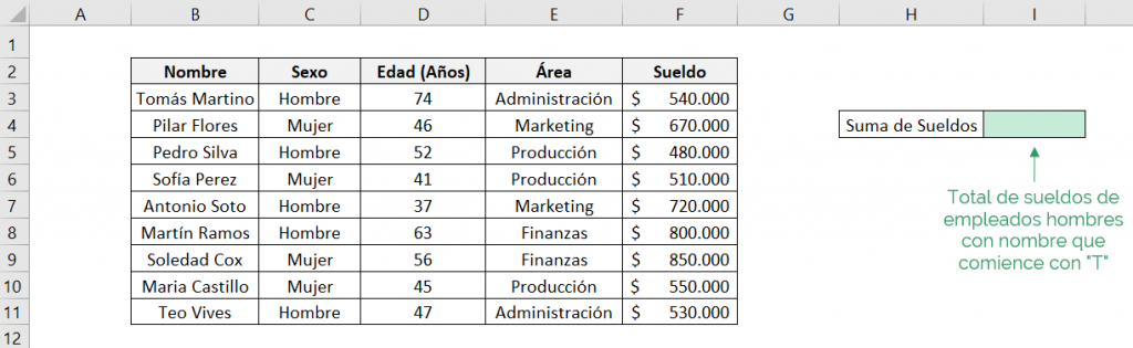 Simple example that shows how the Excel SUMIF SET function works with wildcards, shows the data table and the result we are looking for