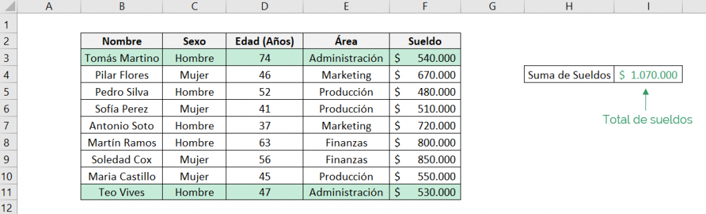 Result we obtain from Excel's SUMIF.SET function in an example with commands