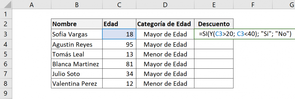 Table showing an example of how to use the Excel IF function. In this example we combine the IF function with the AND function.  