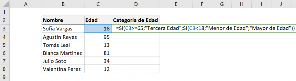 Tabla que muestra el ejemplo de cómo funciona la fórmula SI de Excel anidada, en la tabla nos muestra las respuestas que buscamos. 