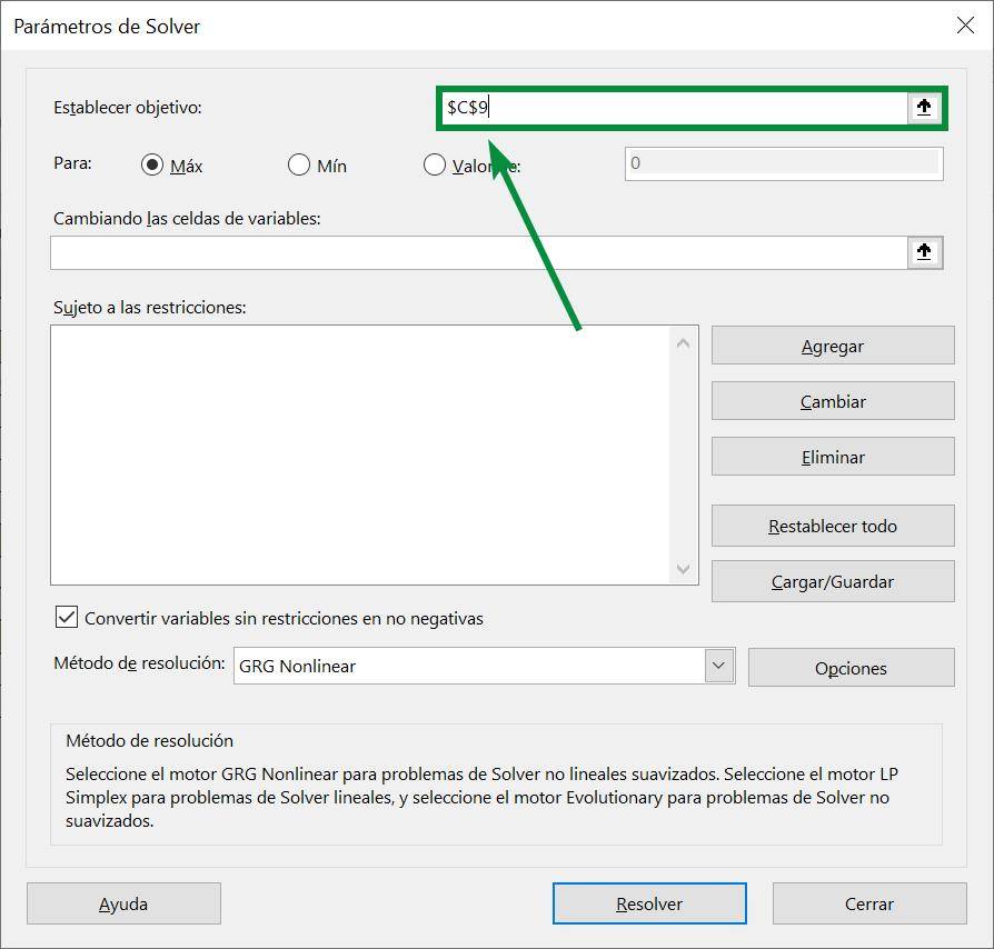 Excel excel Solver herramienta ejemplo autos ventana principal objetivo