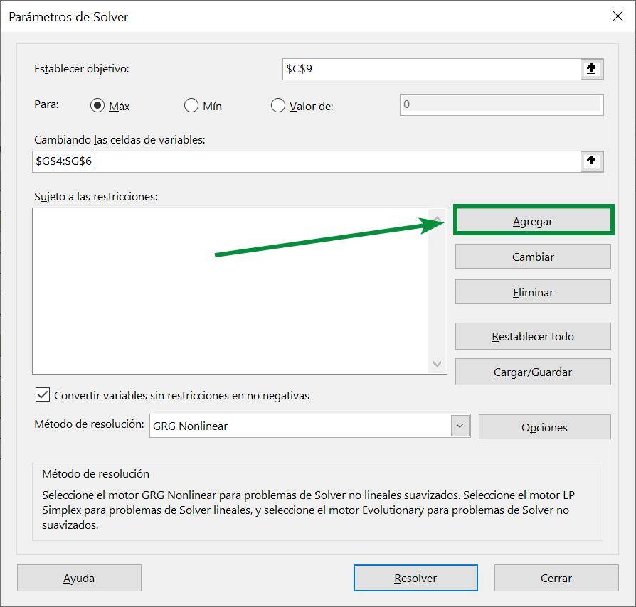 Excel excel Solver herramienta ejemplo autos ventana principal agregar restricción