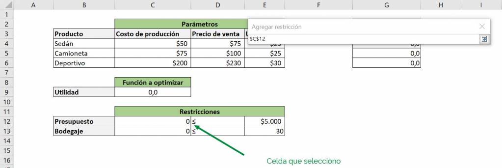 Excel excel Solver herramienta ejemplo autos ventana principal agregar restricción secundaria presupuesto planilla