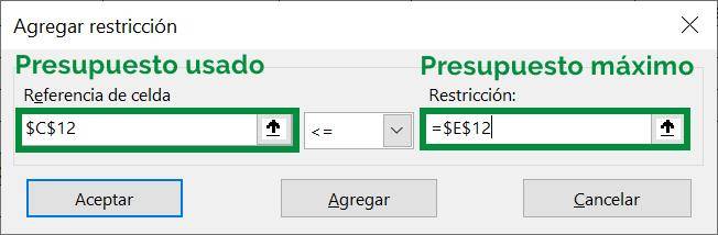 Excel excel Solver herramienta ejemplo autos ventana principal agregar restricción secundaria presupuesto