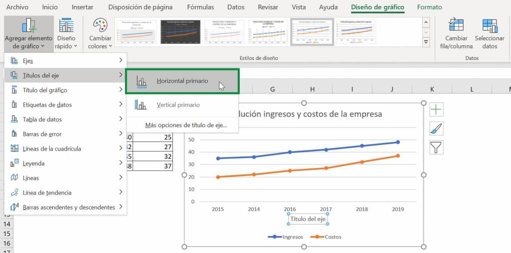 Excel excel herramientas gráficos gráfico de línea título del eje horizontal primario