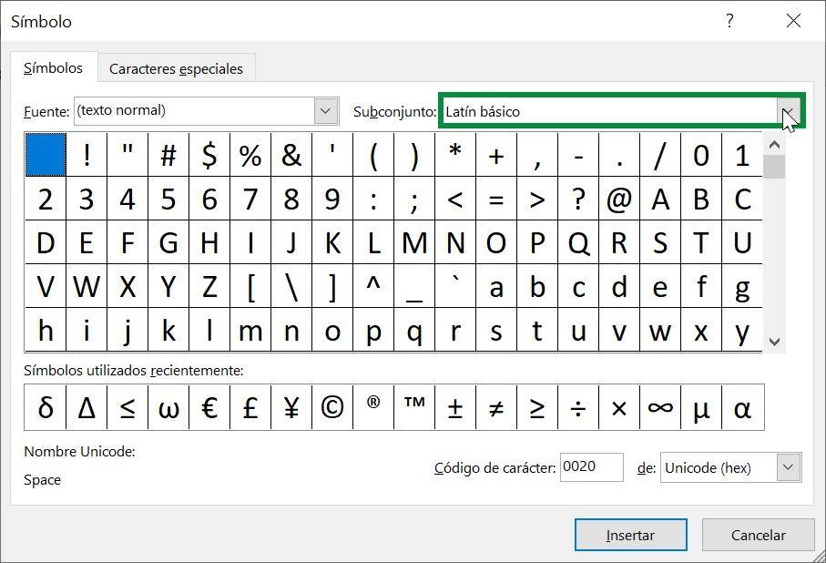 excel símbolos