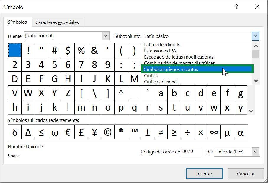 Excel símbolos griegos