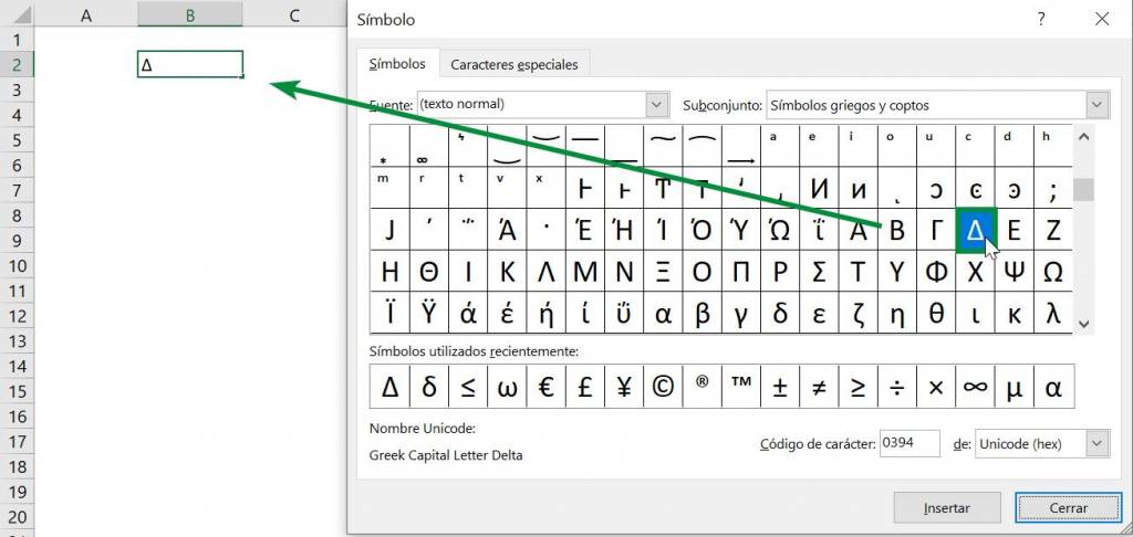 Excel excel símbolo delta signo cambio insertar símbolos ventana insertado