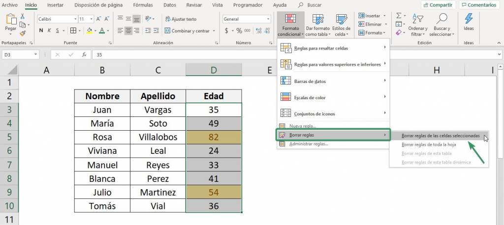 Muestra donde se encuentra el botón para eliminar o borrar el formato condicional de un rango de celdas o de la hoja completa