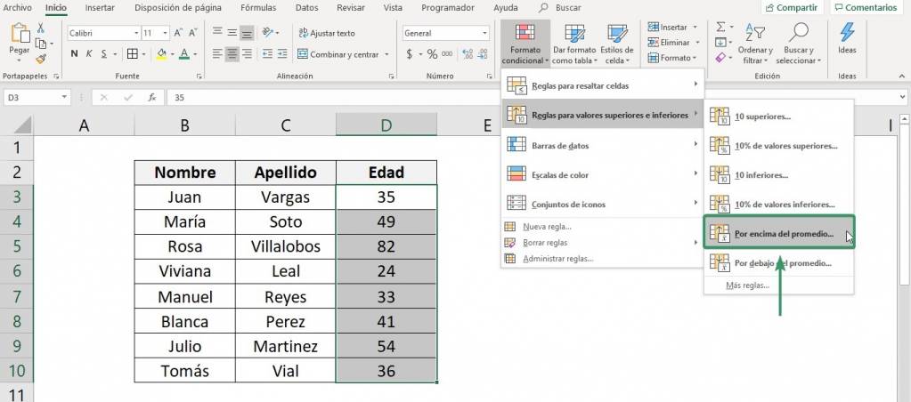 como funciona las reglas superiores e inferiores del formato condicional de excel.  Muestra donde se encuentra el botón y la opción por encima del promedio