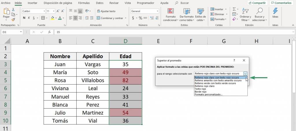 como funciona las reglas superiores e inferiores del formato condicional de excel.  Muestra donde se encuentra el botón y la opción por encima del promedio y el color seleccionado para resaltar