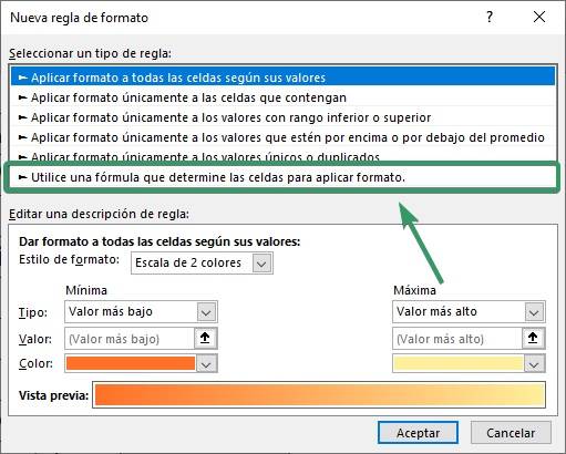 como funciona el formato condicional con fórmula de excel.  Muestra donde se encuentra el botón y la fórmula que utilizaremos