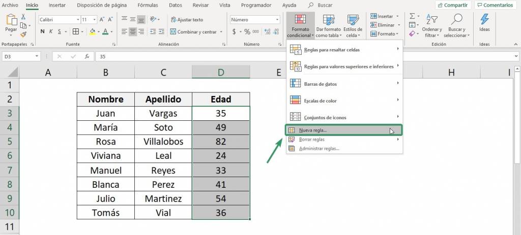 como funciona el formato condicional con fórmula de excel.  Muestra donde se encuentra el botón.