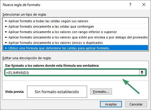 como funciona el formato condicional con fórmula de excel.  Muestra donde se encuentra el botón y la fórmula que utilizaremos ES.IMPAR