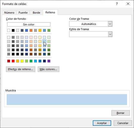 muestra las opciones del formato condicional con fórmula de excel.  Muestra los colores, la fuente y el borde