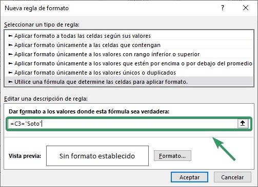 muestra cómo cambiar el formato de una regla del formato condicional de fórmula