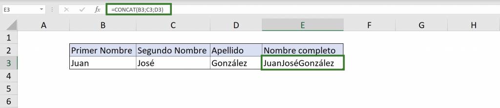 Usar función CONCAT en Excel ejemplo 1