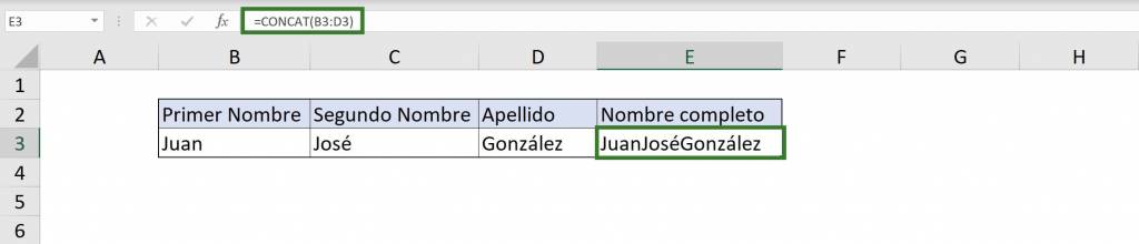 Usar función CONCAT Excel ejemplo 2