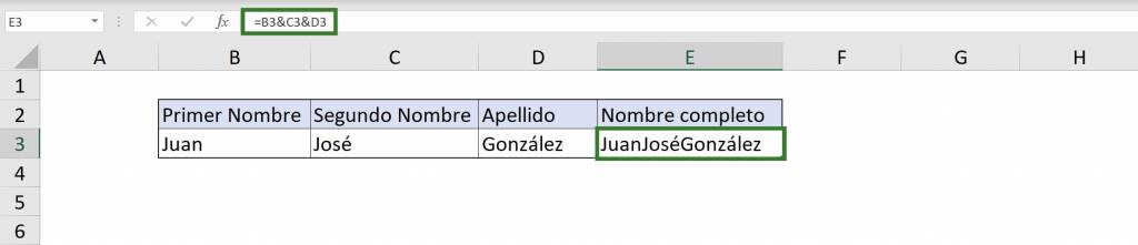 Concatenar en Excel usando & ampersand