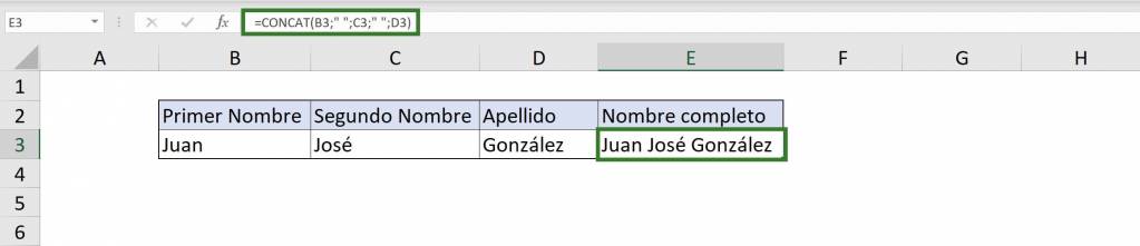 Concatenar con contenido en Excel función CONCAT ejemplo 1