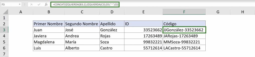 Concatenar CONCAT en Excel usando función IZQUIERDA en Excel