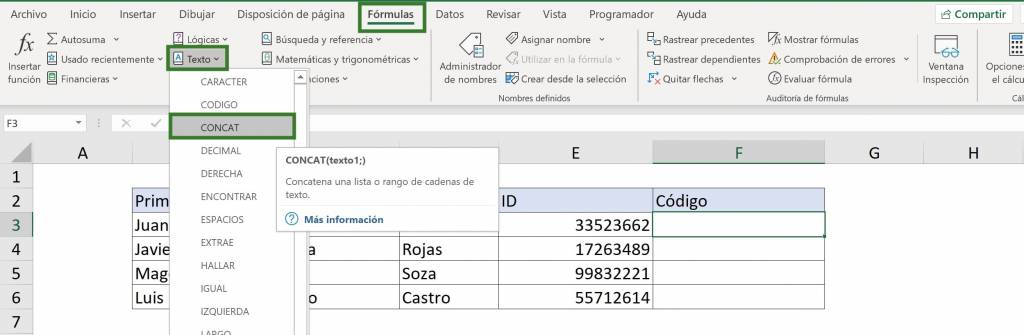 Ejemplo concatenaciones larga concatenar CONCAT en Excel