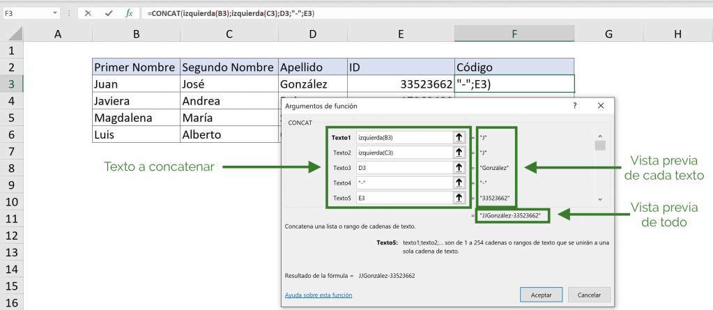 Term help window example for concatenate function in Excel CONCAT