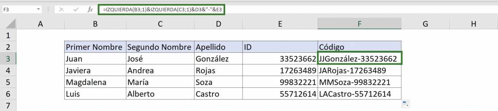 Concatenación con ampersand & CONCAT en Excel