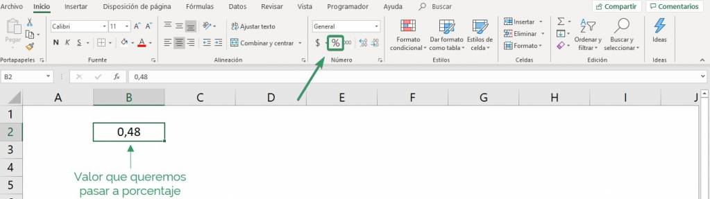 Donde encontrar el formato porcentaje en el menú de Excel
