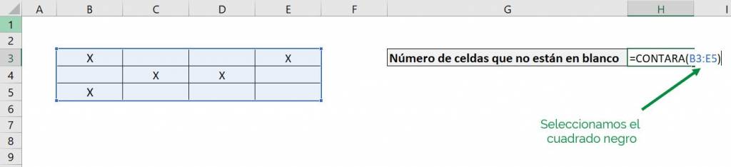 Excel contar contara celdas no en blanco ejemplo rango selección 