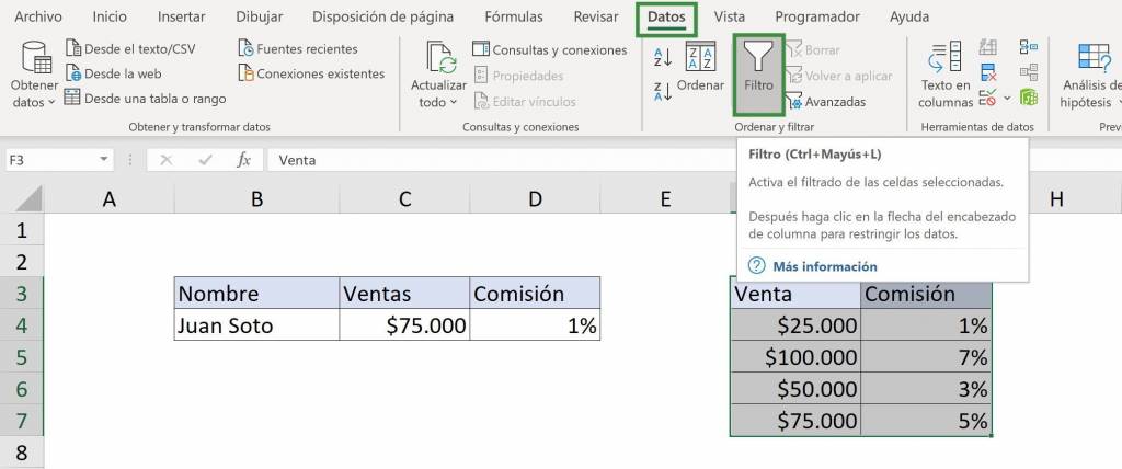 Ejemplo filtro en el orden de datos para función BUSCAR Excel