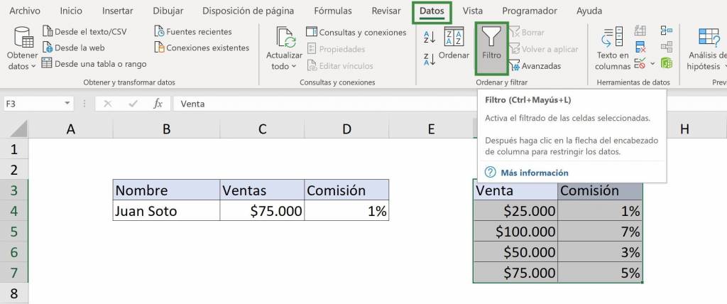 Example filter in data order for Excel SEARCH function