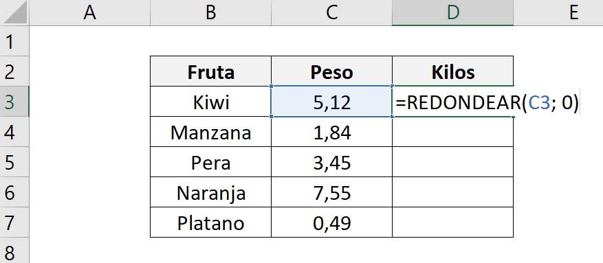 Excel round function, shows how to use the formula with a decimal number equal to 0