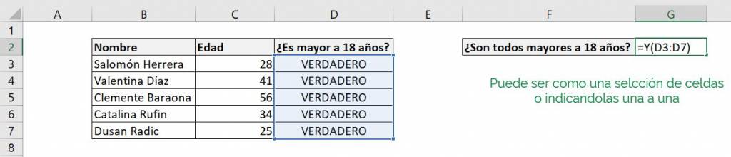 Excel función SI Y combinar 2 condiciones explicación ejemplo edad valores lógicos prueba