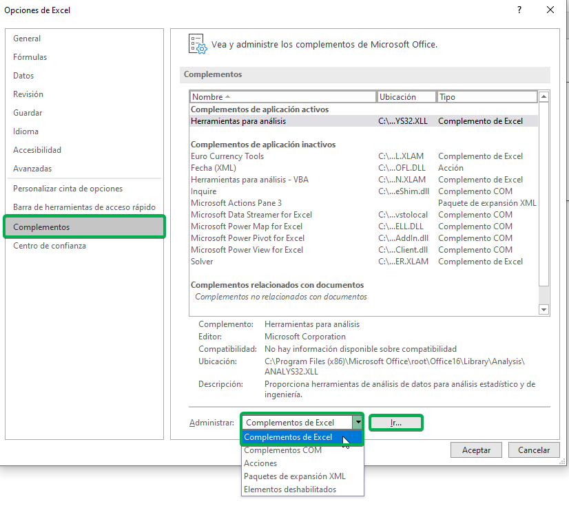 Complementos de Excel, análisis de datos para Excel, tabla ANOVA