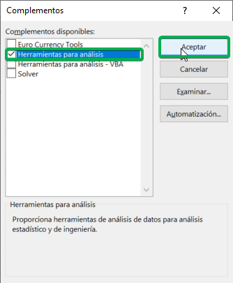 Instalación complemento herramienta para análisis para tabla ANOVA