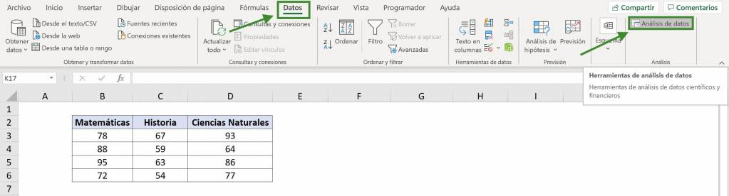 Pestaña de Datos y uso de Análisis de datos para hacer tabla ANOVA de un factor en Excel