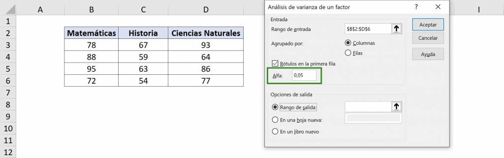Alpha selection in ANOVA Excel table