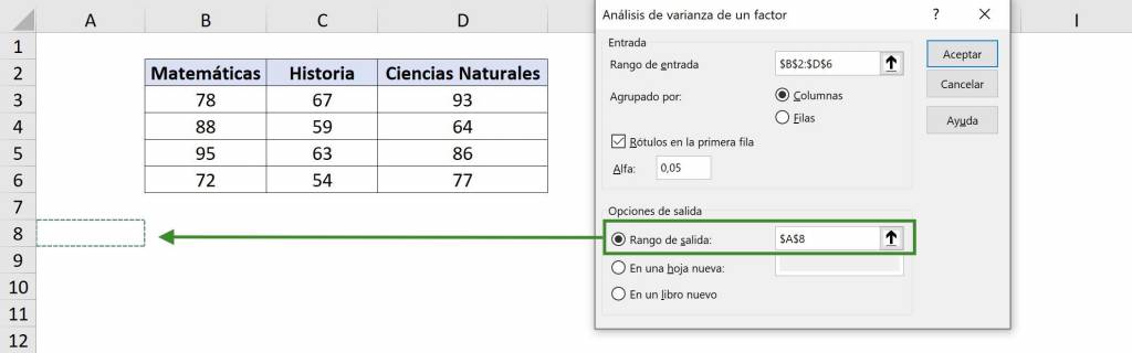 Output range selection for Excel ANOVA table