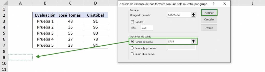 Seleccionar rango de salida para tabla ANOVA de dos factores con una muestra por grupo. ANOVA en Excel