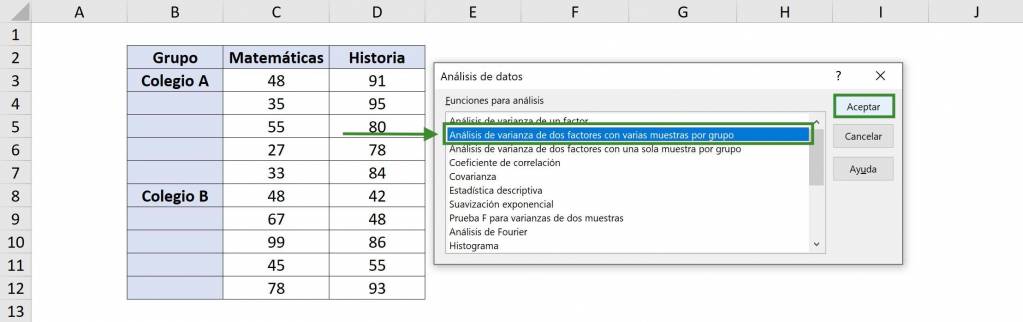 Selection of data analysis and selection of two-factor analysis of variance with multiple samples. ANOVA in Excel