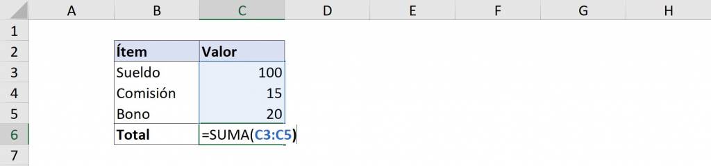 Uso función SUMA en Excel ejemplo