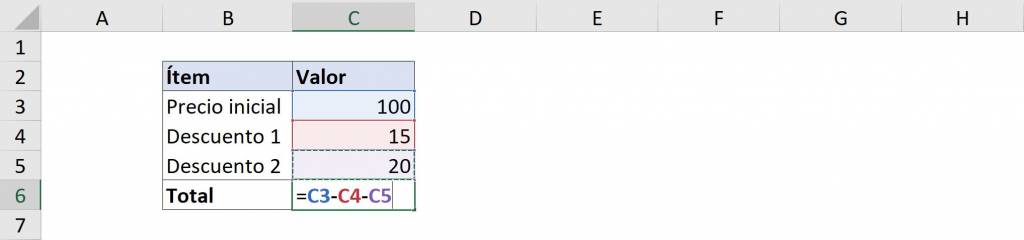 Fórmula resta en Excel
