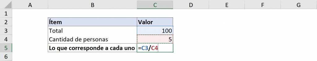 Ejemplo fórmula para dividir en Excel. Fórmulas en Excel
