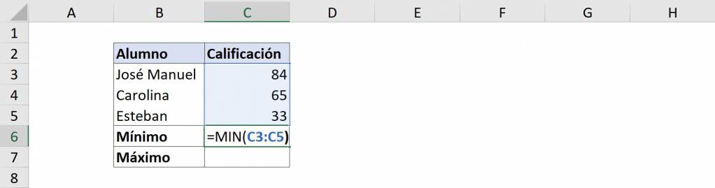 Ejemplo fórmula mínimo en Excel fórmula MIN